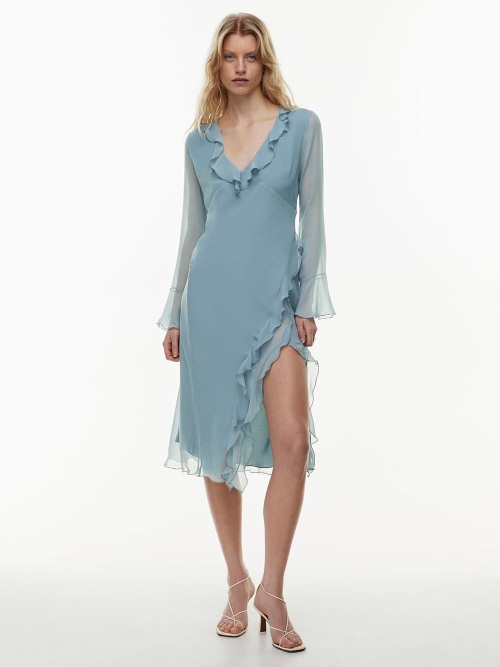 Wilfred Aritzia Chiffon Ruffle Wrap Long Sleeve Midi Dress
